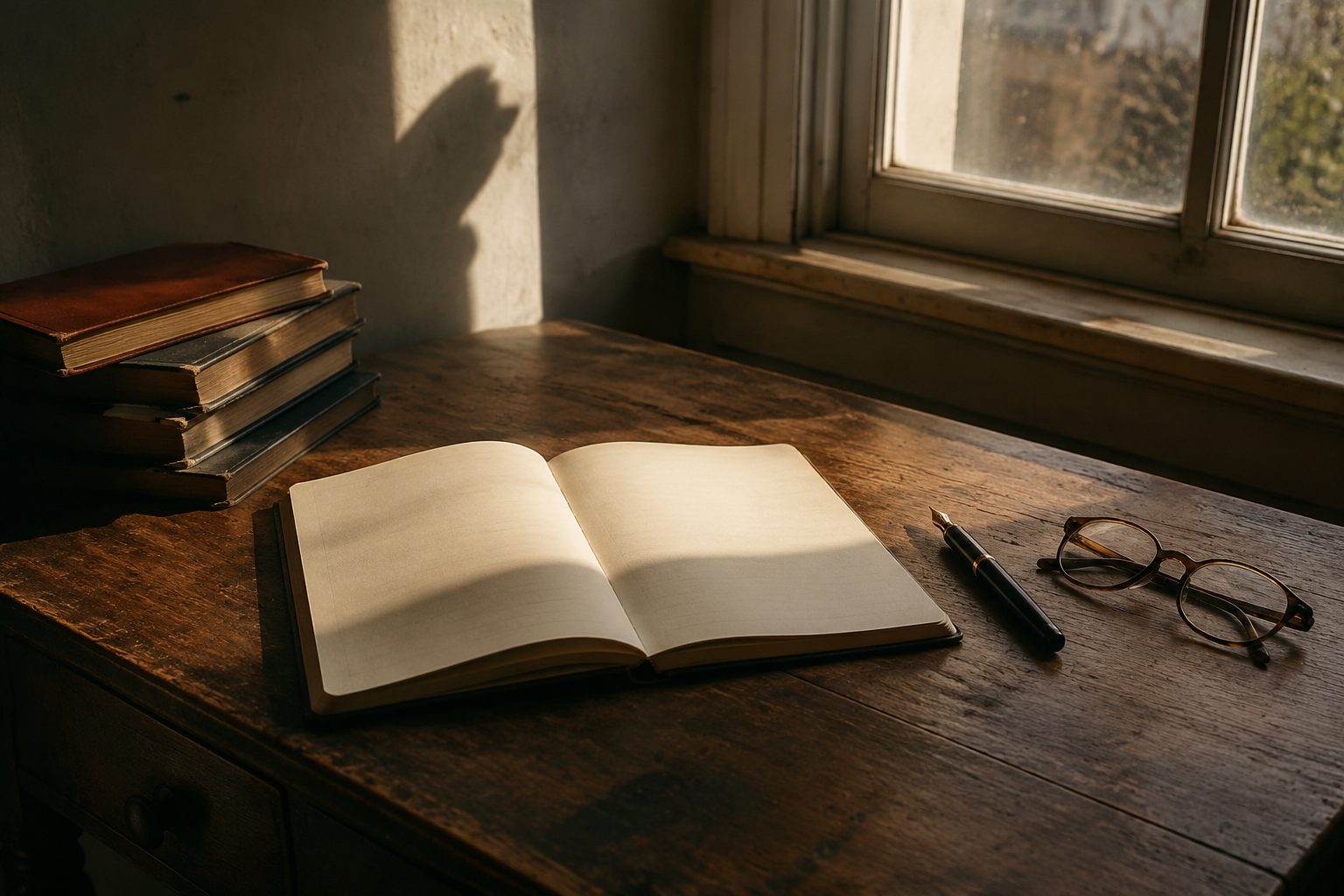 Pencere ışığında açık bir defter, dolma kalem ve gözlük bulunan eski çalışma masası